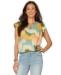 Democracy Petite Pleated Bubble Hem Placement Print Knit Top