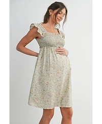 Hello Miz Maternity Smocked Floral Dress with Ruffle Cap Sleeves