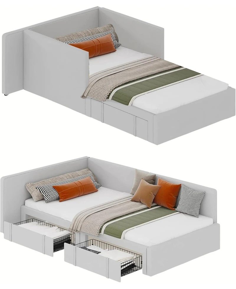 gaomon Daybed with 2 Storage Drawers, Corner Bed Frame with Extended Headboard and Bed Rails, Velvet Upholstered Sofa Bed with Guardrail