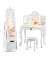 Gymax Kids Vanity Set Princess Makeup Dressing Table & Chair Set with Jewelry Armoire