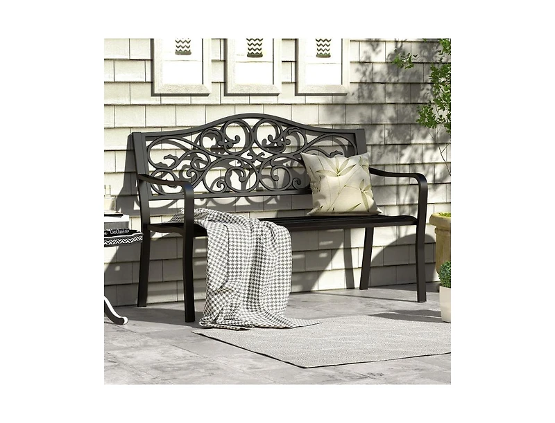 Slickblue 50 Inch Cast Iron Patio Bench with Floral Design Backrest