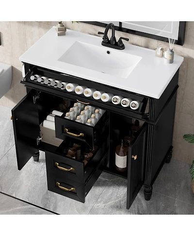 Sillysis 36" Bathroom Vanity with Ceramic Sink, Flip-Out Drawer, Soft Close Doors & Storage Drawers for Modern Bathrooms
