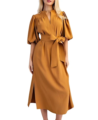Modenaire Women's Belted Puff Sleeve Midi Dress