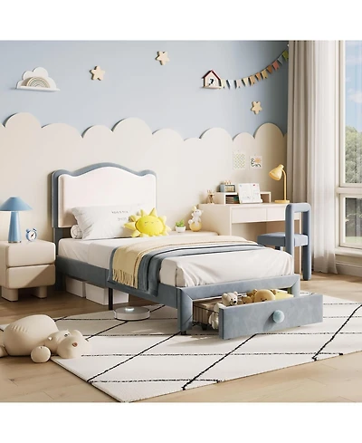 gaomon Upholstered Twin Bed Frame with Storage Drawer & Scallop Headboard, Princess Platform Frames