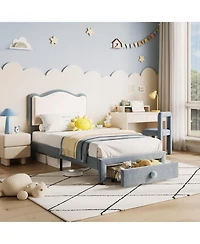 gaomon Upholstered Twin Bed Frame with Storage Drawer & Scallop Headboard, Princess Platform Frames