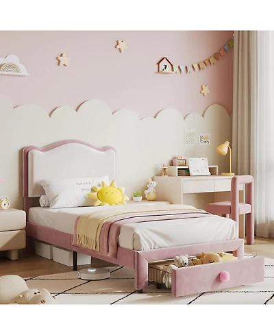 gaomon Upholstered Twin Bed Frame with Storage Drawer & Scallop Headboard, Princess Platform Frames