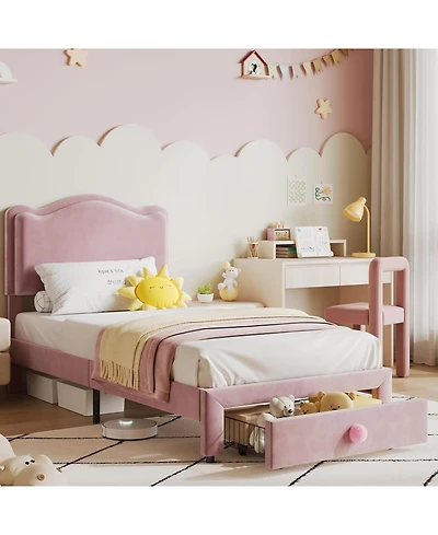 gaomon Upholstered Twin Bed Frame with Storage Drawer & Scallop Headboard, Princess Platform Frames