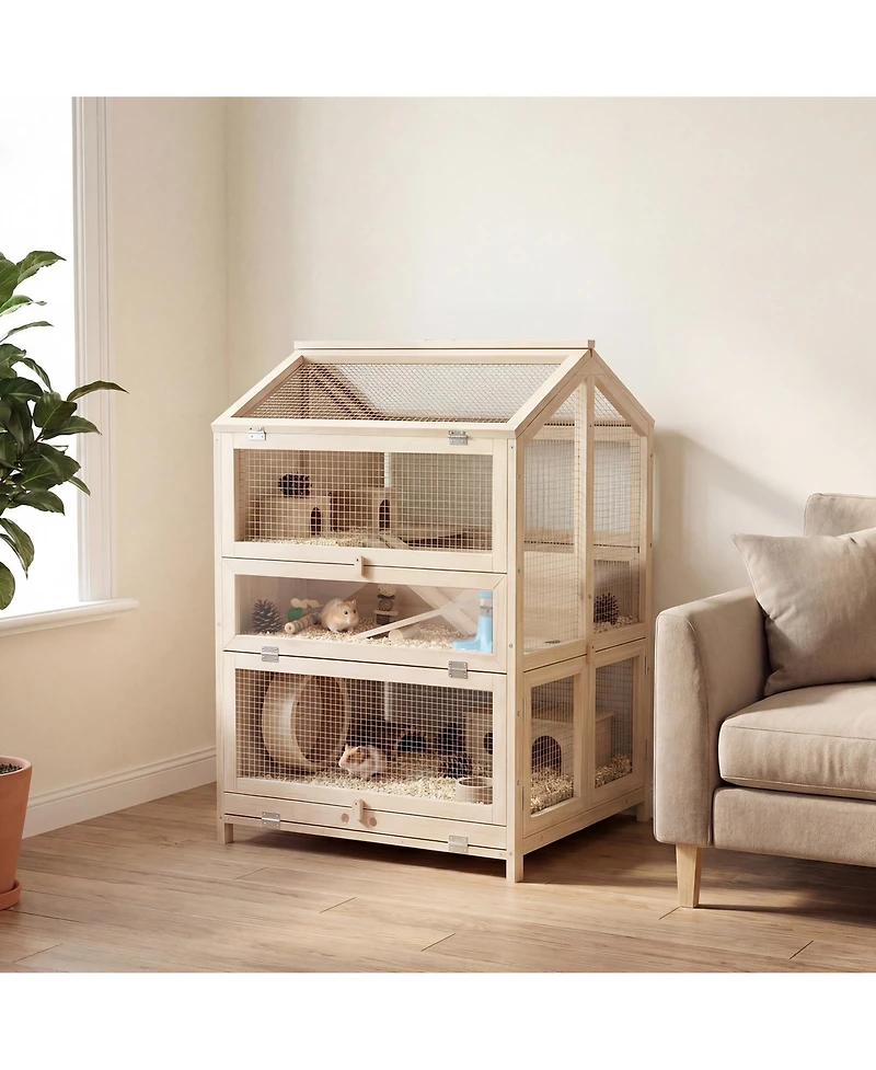 PawHut Wooden Hamster Cage 3 Tier with Pull-Out Tray, Hut, Seesaws, Ramps