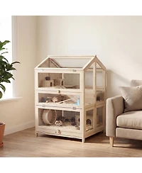 PawHut Wooden Hamster Cage 3 Tier with Pull-Out Tray, Hut, Seesaws, Ramps