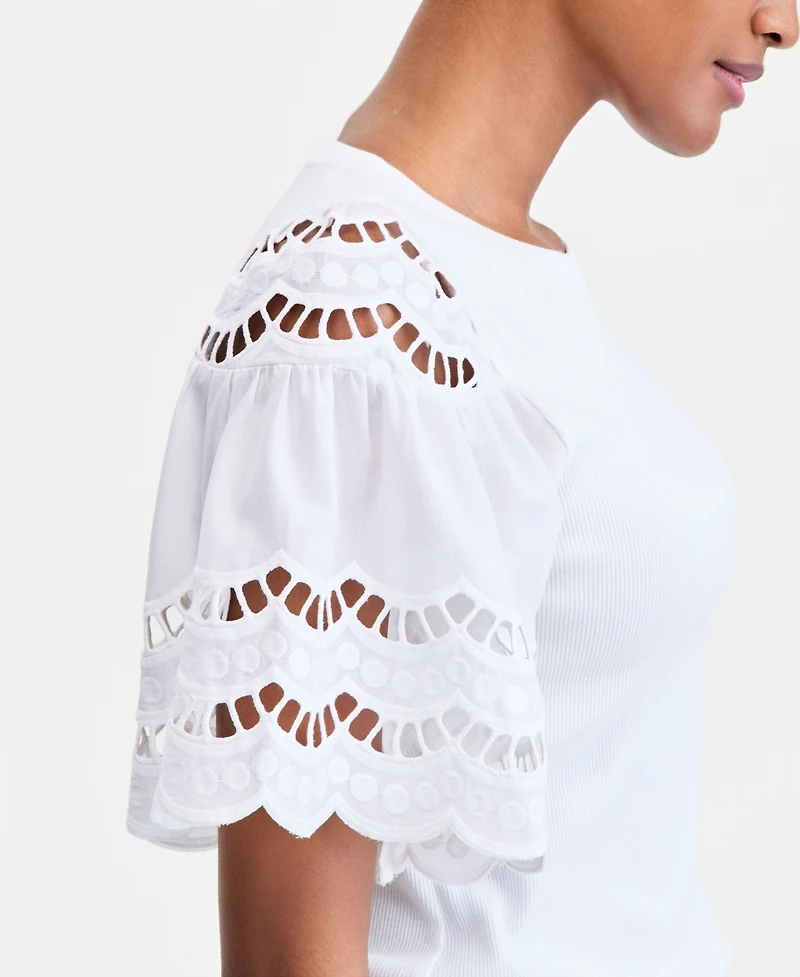 On 34th Women's Eyelet Puff Sleeve Ribbed Knit Top, Macy's Exclusive