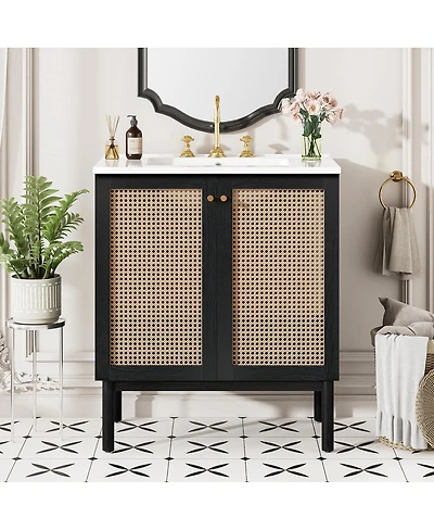 Sillysis Modern Bathroom Vanity with Ceramic Sink, Bamboo & Mdf, Soft Close Rattan Doors, Freestanding Storage Cabinet for Small Spaces