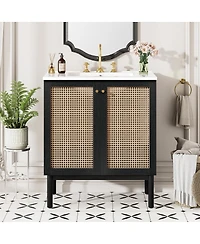 Sillysis Modern Bathroom Vanity with Ceramic Sink, Bamboo & Mdf, Soft Close Rattan Doors, Freestanding Storage Cabinet for Small Spaces