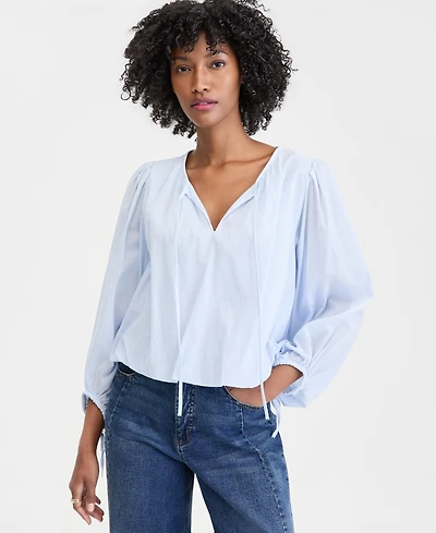 On 34th Women's Cotton Solid Tie-Front Volume-Sleeve Blouse, Macy's Exclusive