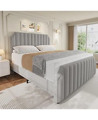 gaomon Velvet Bed Frame, Vertical Channel Tufted Tall Headboard and Footboard with Nailhead Trim, Upholstered Platform Bed