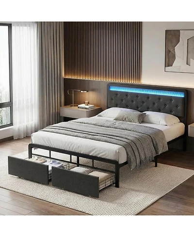 gaomon Full Bed Frame with 2 Storage Drawers, Button Tufted Headboard and Led Lights