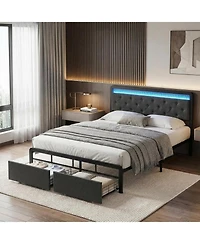 gaomon Full Bed Frame with 2 Storage Drawers, Button Tufted Headboard and Led Lights