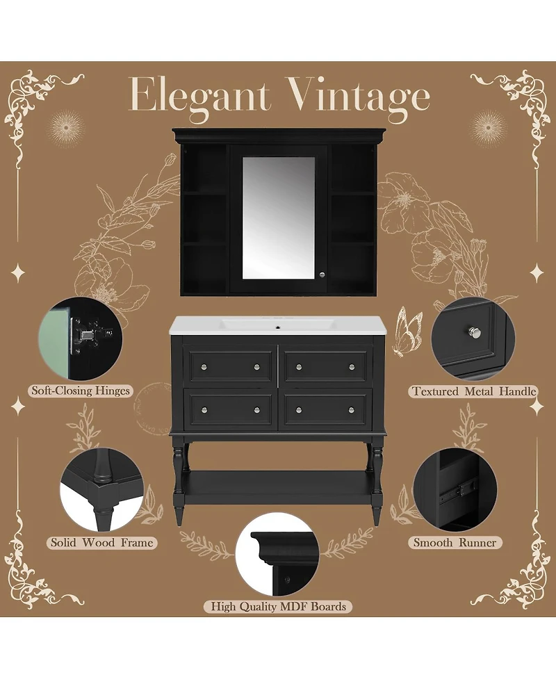 Sillysis 36'' Luxury Bathroom Vanity Set with Mirror Cabinet, Solid Wood & Mdf, Large Storage Shelf for Modern Bathrooms