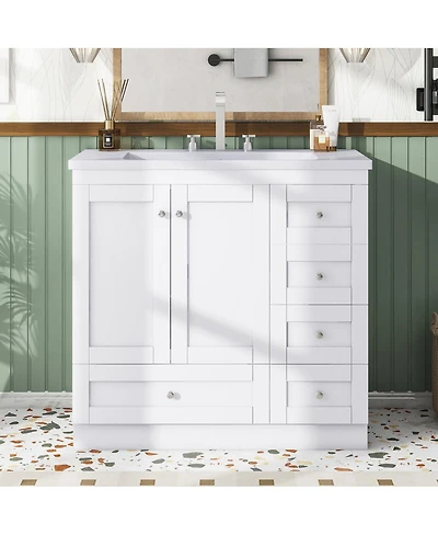 Sillysis 36" Shaker Bathroom Vanity with Resin Sink, 4 Soft Close Drawers & 2 Doors, Ample Storage for Modern Homes