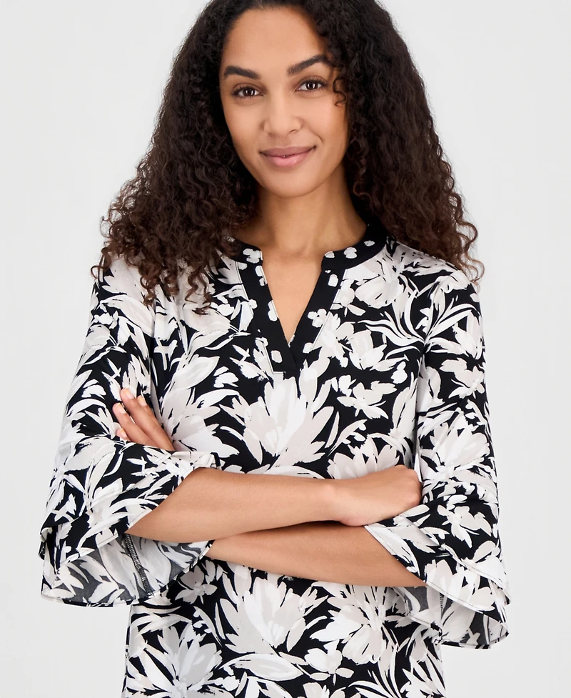 Kasper Women's Printed V-Neck Elbow-Sleeve Top