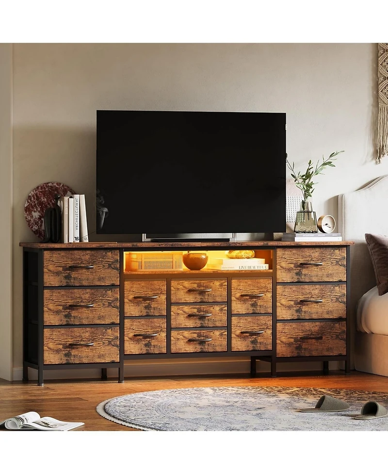 gaomon 70 Inch Long Dresser with 13 Drawers, Tv Stand for 65-80 Charging Station & Led Lights