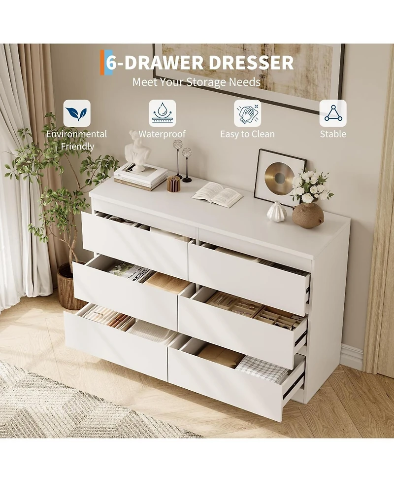 gaomon Modern White 6 Drawer Dresser, Simply Modern Chest of Drawers, 6 Drawer Dressers for Clothes Storage for Bedroom