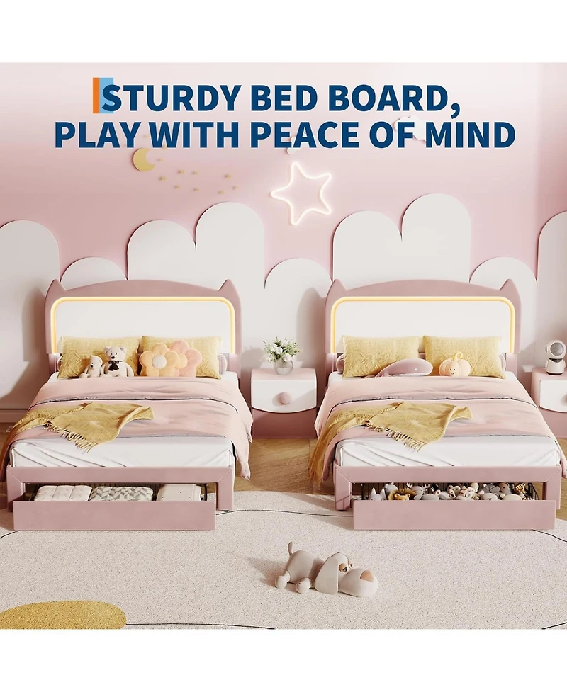 gaomon Full Upholstered Led Bed Frame with Storage Drawer & Cute Cat Headboard, Velvet Princess Platform Bed Frame