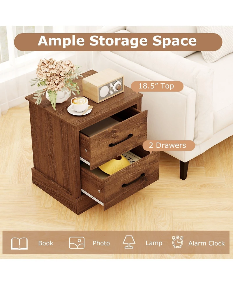 Gymax Set of 2 Drawer Nightstand Bedside Table Compact Sofa End Table Rustic Walnut