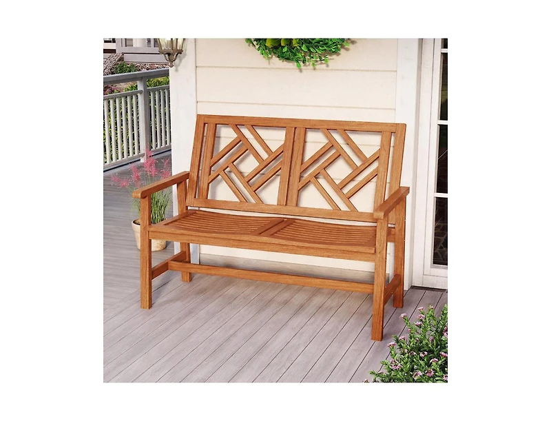 Slickblue 2 Person Wood Outdoor Bench with Geometric Backrest