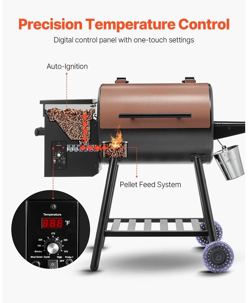 Ecooso Wood Pellet Grill Smoker, 8-in-1 Outdoor Bbq, 456 Sq. In. Cooking Area, Digital Controller, Meat Probe, 500°F Max
