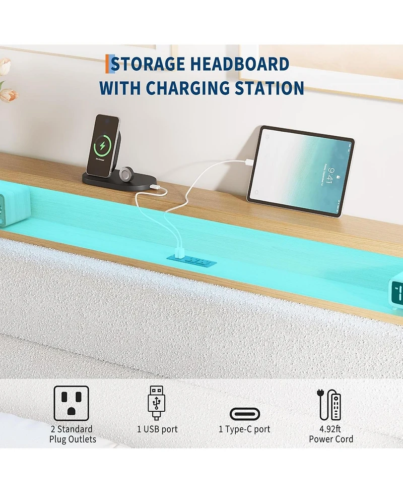 gaomon Size Bed Frame, Boucle Platform Bed Frame with Led Lights, Upholstered Headboard with Built-in Charging Station, No Box Spring Needed