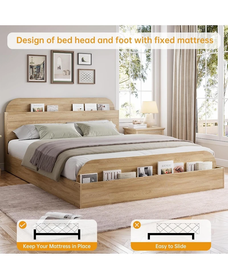 gaomon Queen Size Bed Frame, Wooden Bed with Storage Headboard and Footboard, Floor-Low Platform Bed with Wooden Slats Design, No Box Spring Needed