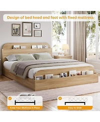 gaomon Queen Size Bed Frame, Wooden Bed with Storage Headboard and Footboard, Floor-Low Platform Bed with Wooden Slats Design, No Box Spring Needed
