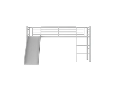 Twin Metal Loft Bed with Slide Safety Guardrails and Built-in Ladder