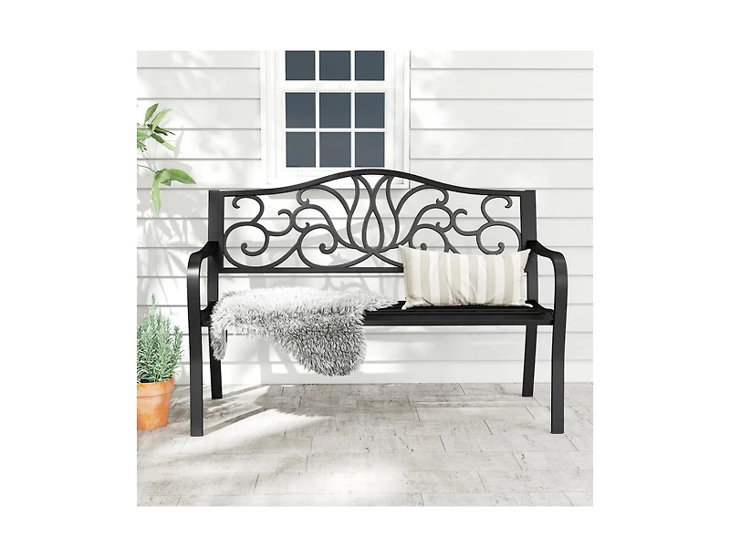 Slickblue Outdoor 50 Inch Patio Bench with Floral Design Back and Slats