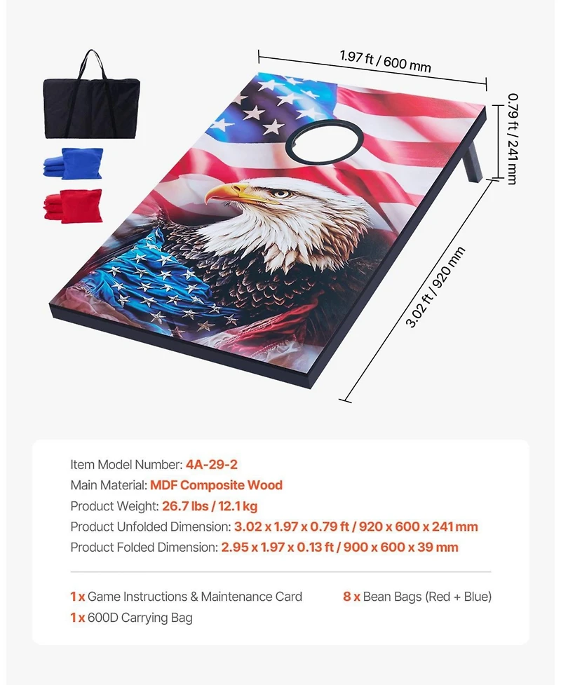Mecale Cornhole Set, 3x2 ft Mdf Wood Toss Game Boards with 8 Bean Bags and Carrying Case for Indoor and Outdoor Play