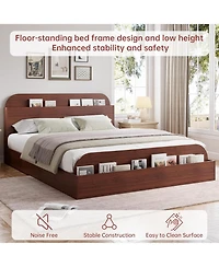 gaomon Bed Frame, Wooden Beds with Storage Headboard and Raised-Foodboard, Full-Floor Low Platform Bed for Bedroom,Wooden Slats Support
