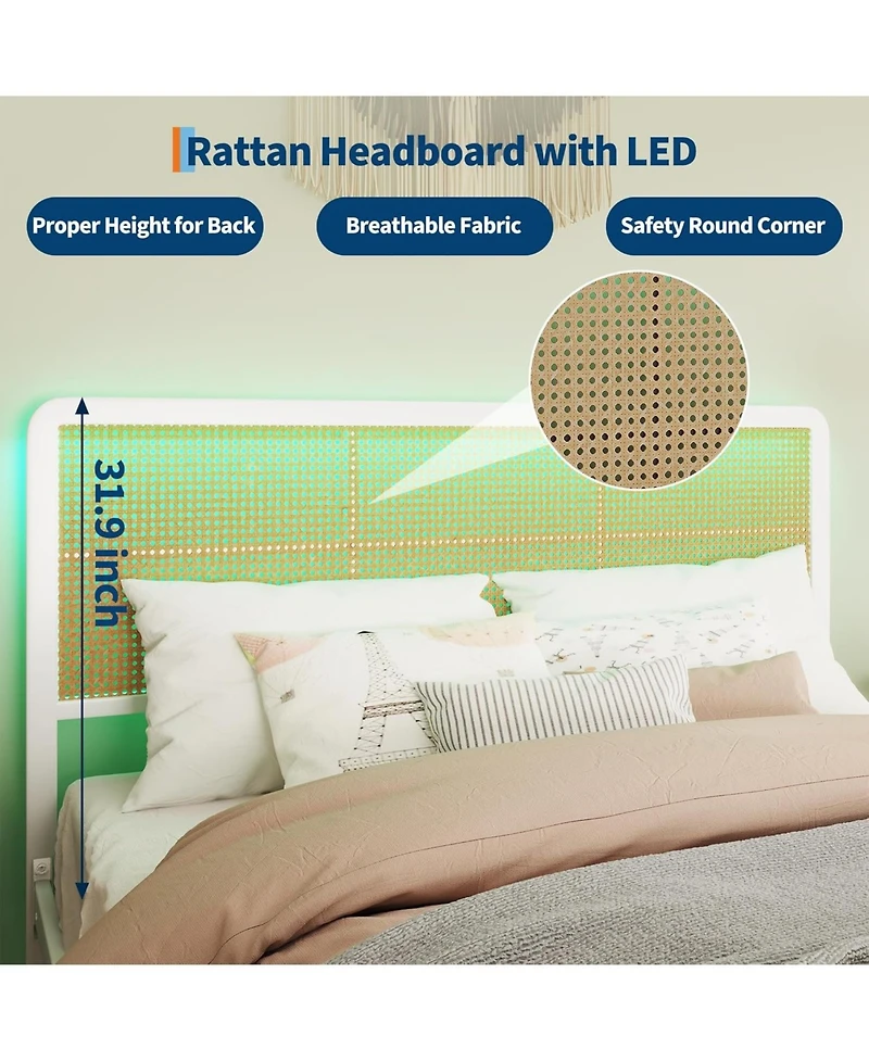 gaomon Rattan Platform Bed Frame with Led Light Headboard, Modern Style Cane Boho Frames Sturdy Steel Slat Support, Heavy