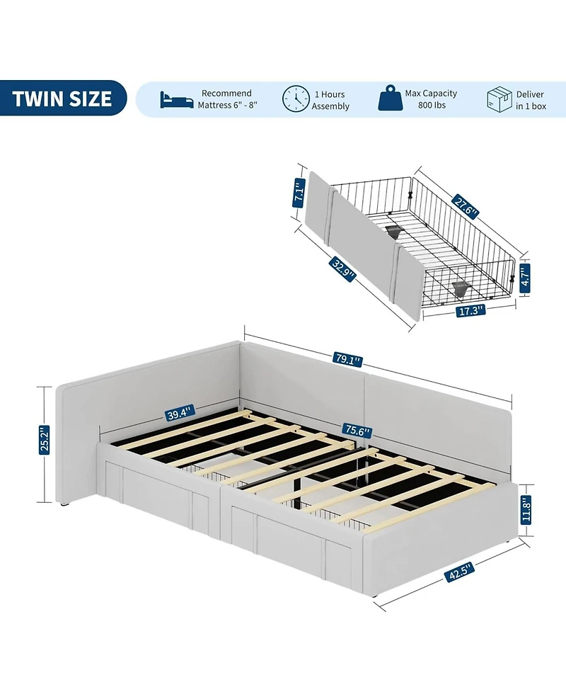 gaomon Twin Daybed 2 Storage Drawers Velvet Upholstered Corner Bed Extended Headboard Guardrail Adjustable