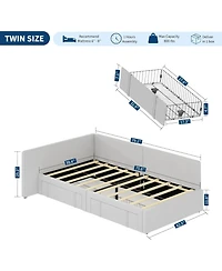 gaomon Twin Daybed 2 Storage Drawers Velvet Upholstered Corner Bed Extended Headboard Guardrail Adjustable