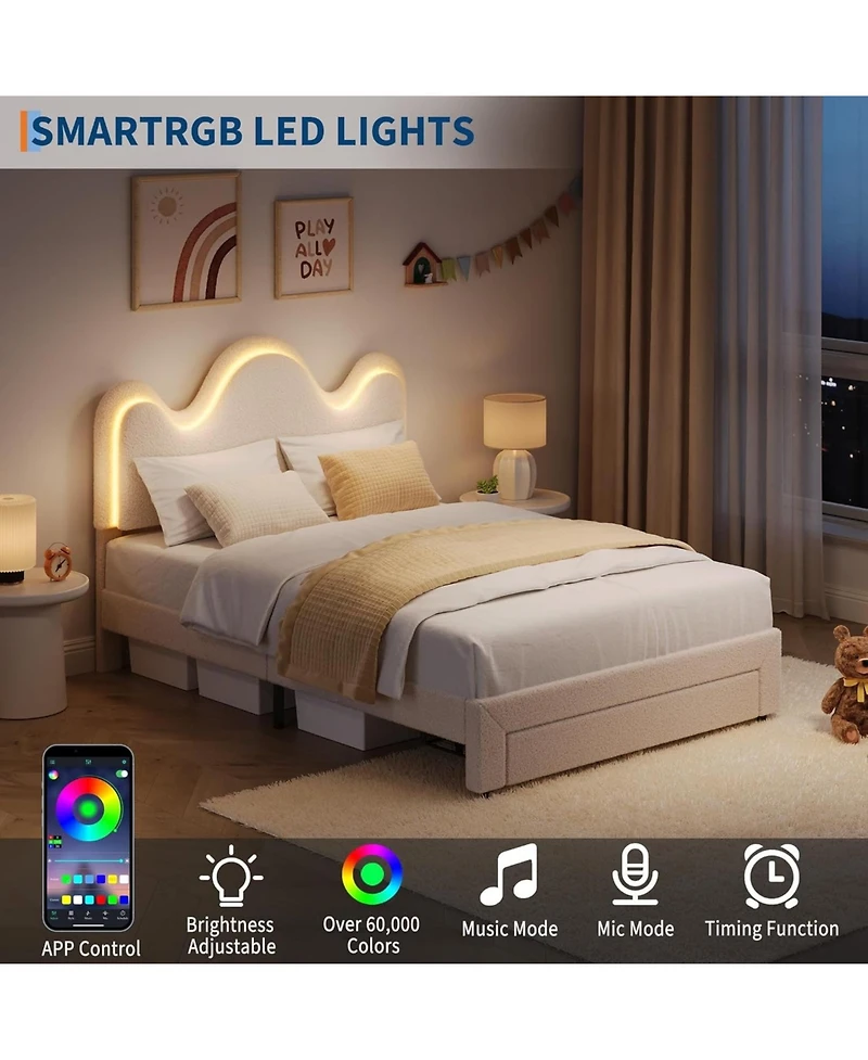gaomonBed Frame Lamb Velvet Cute Platform Wooden Slats Led Light Noise Free No Box Spring