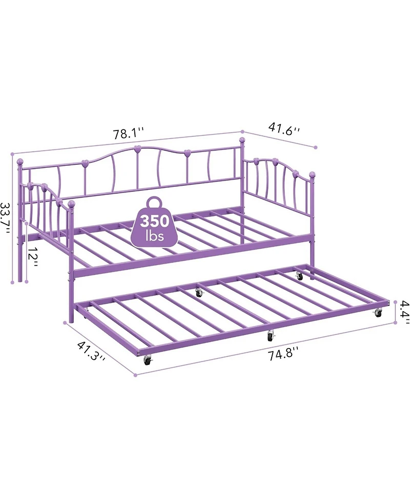gaomonl Daybed with Trundle Heart Design Noise Free Platform Sofa Bed Steel Slats Space-Saving Bedroom Purple