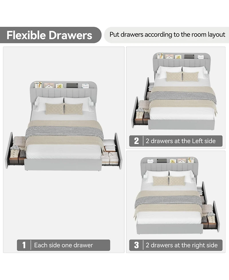 gaomon Bed Frame Storage Headboard 2 Drawers Boucle Upholstered Platform Bookcase Sturdy Noise-Free No Box Spring
