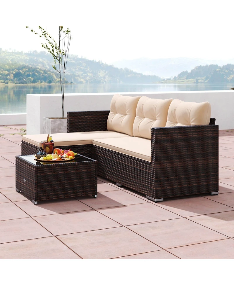 4 Seats Outdoor Wicker Furniture Set with Tempered Glass Coffee Table & Soft Cushions