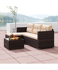 4 Seats Outdoor Wicker Furniture Set with Tempered Glass Coffee Table & Soft Cushions