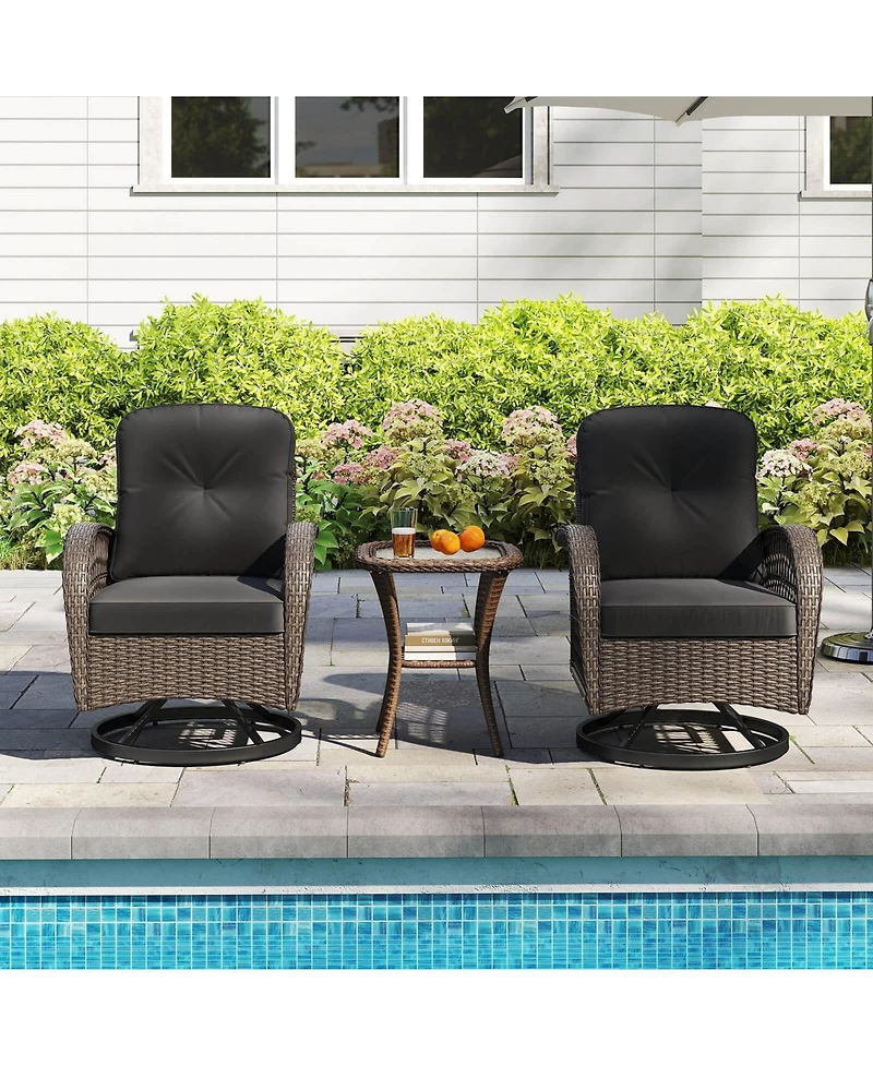 3 Pcs Patio Swivel Rocker Set Gliding Bistro Furniture with Tempered Glass Table