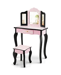 Costway Kid Vanity Set Wooden Makeup Table Stool Tri-Folding Mirror