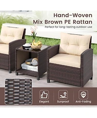 3 Pcs Patio Sofa Set with Cushions & Tempered Glass Tabletop for Backyard