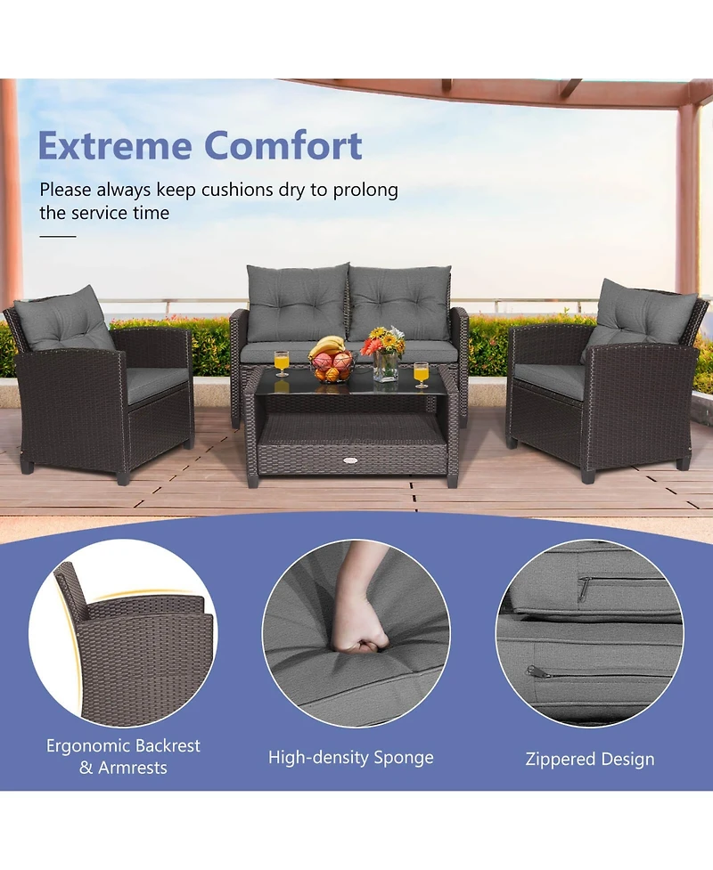 Pcs Patio Rattan Furniture Set Glass Table Shelf Sofa Cushion