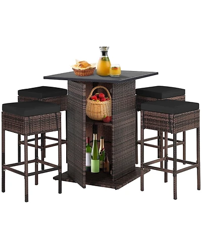 5PCS Patio Rattan Bar Table Stool Set Hidden Storage Shelf Cushion