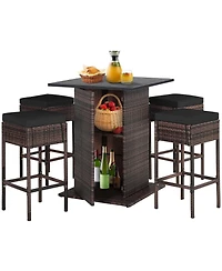 5PCS Patio Rattan Bar Table Stool Set Hidden Storage Shelf Cushion